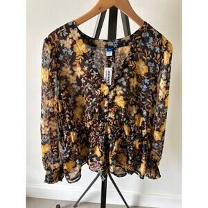 NWT Size XL Old Navy Black Yellow Orange Floral Chiffon Blouse Smocking